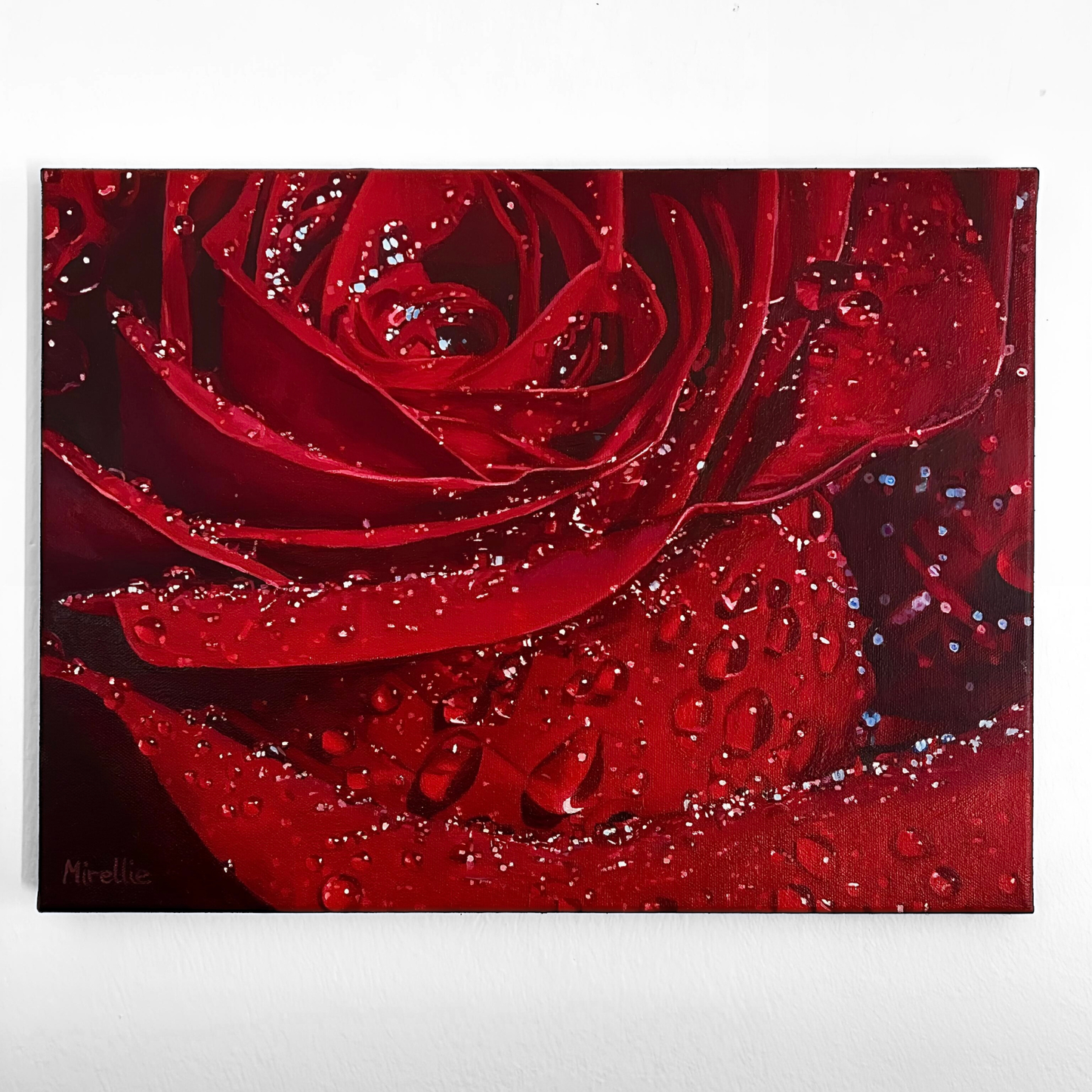 'Red Rose with Dewdrops' Original Oil Painting
