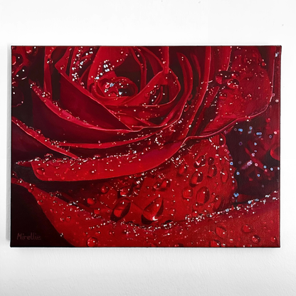 'Red Rose with Dewdrops' Original Oil Painting
