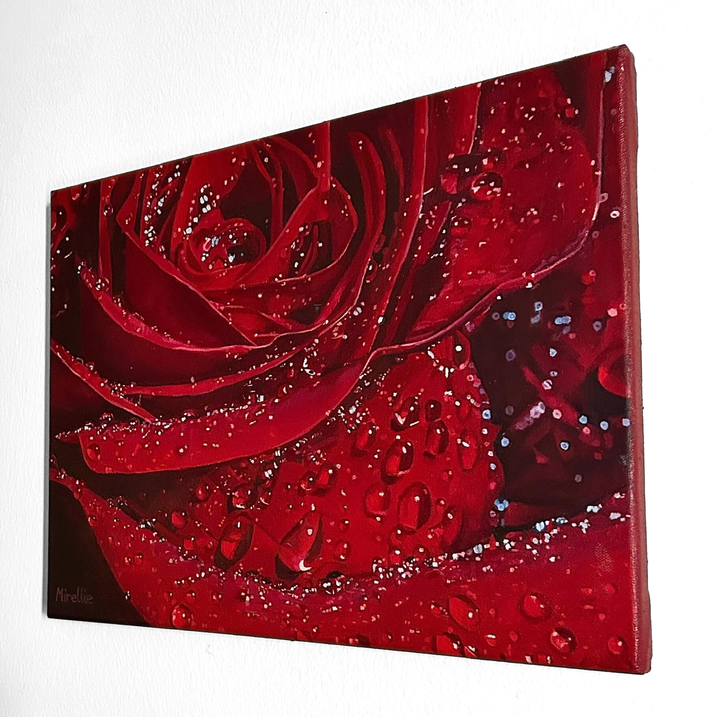 'Red Rose with Dewdrops' Original Oil Painting